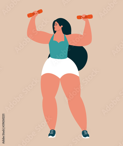 Body positive woman. Beautiful strong plus size girl holding dumbbells. Healthy active lifestyle, keeping fit, exercising concept. Isolated flat vector illustration with an athletic female character