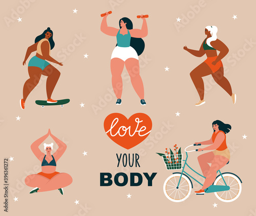 Healthy lifestyle and body positivity concept. Set of young beautiful plus size women doing sports and various outdoor activities. Isolated flat vector illustration with happy female characters