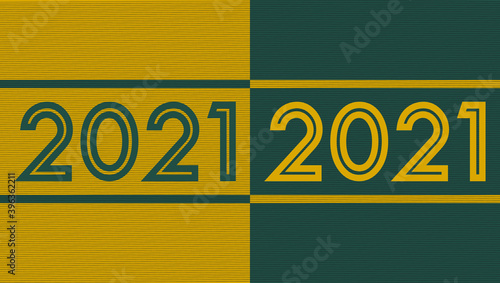 A New Year's Theme Illustration with 2021 Writing with a Material Design Background in Fortuna Gold and Tidewater Green Colors