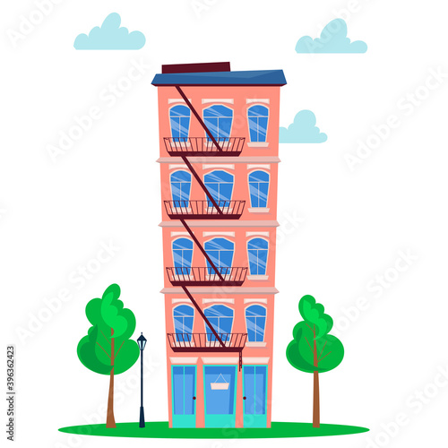 Multi-storey building. Skyscraper. Flat cartoon style vector illustration.
