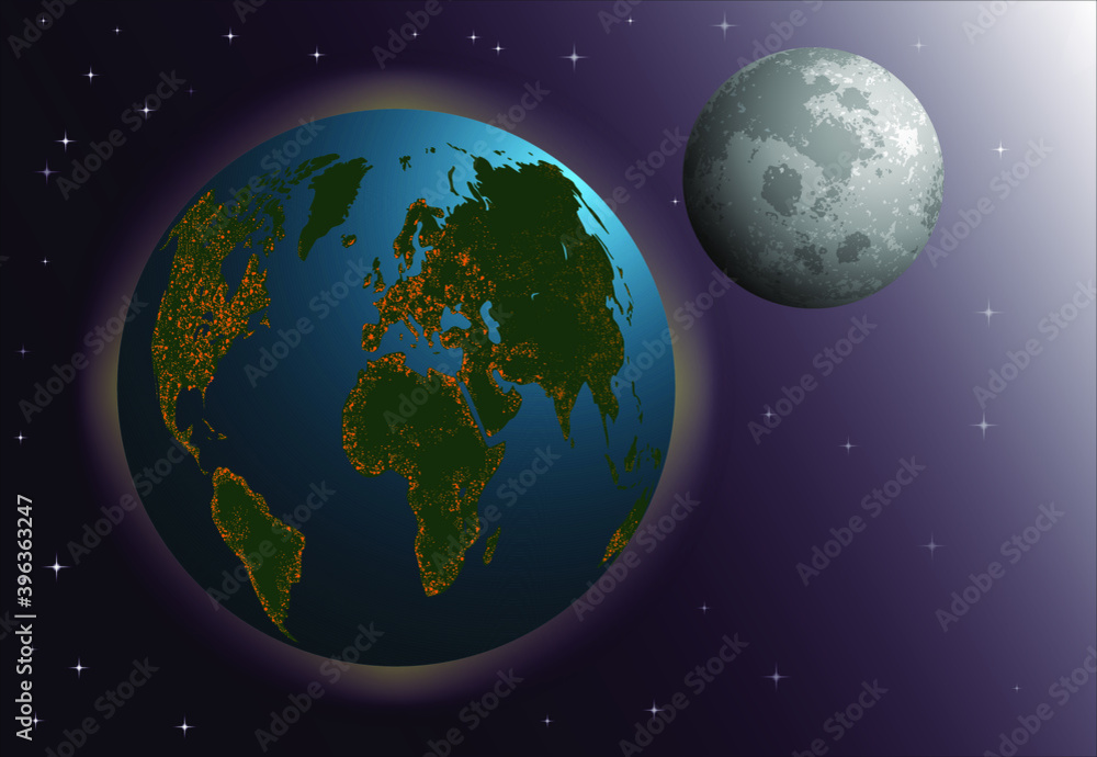 A globe in outer space with a view of the moon. Vector illustration with orange lights on green continents.