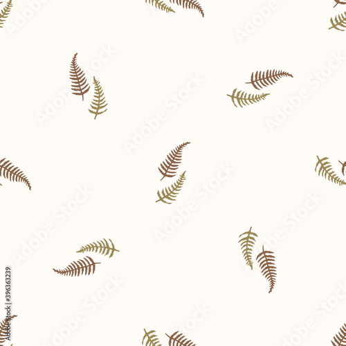 Seamless background countryside fern gender neutral pattern. Whimsical minimal earthy 2 tone color. kids nursery wallpaper or boho cartoon forest plant fashion all over print.