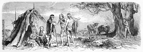 Obraz na plátně marriage proposal among Patagonian natives asking daughter to a father outdoor close to hut of skins