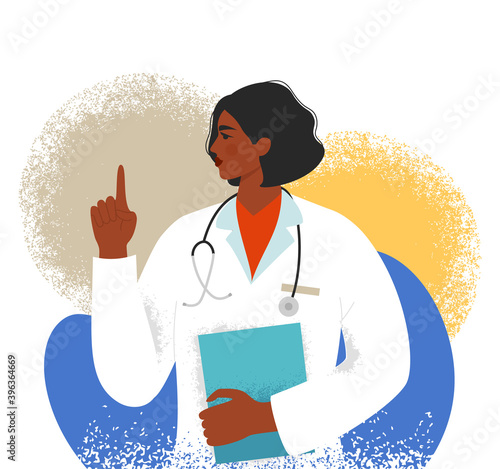 Young black female doctor holding a tablet and showing an attention gesture. Woman in a white uniform. General practitioner, nurse. Isolated flat vector illustration on a colorful abstract background