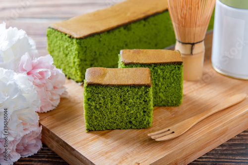 sponge cake with matcha and honey, castella cake,  (Japanese sponge cake)