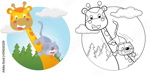 Funny cartoon of cat slide on giraffe's neck, coloring book or page