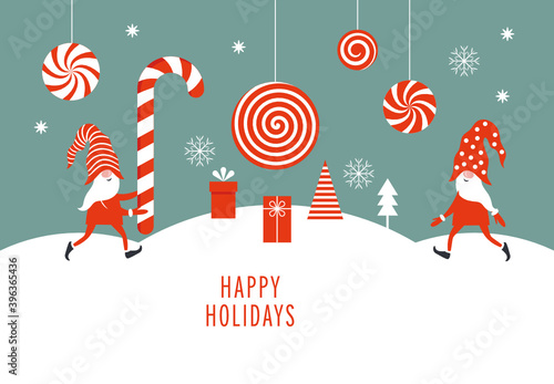 Cute Gnomes and Christmas festive design elements, candy cane, sweets, gifts. 