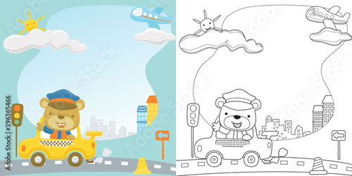 Cartoon of yellow taxi with funny driver, coloring book or page