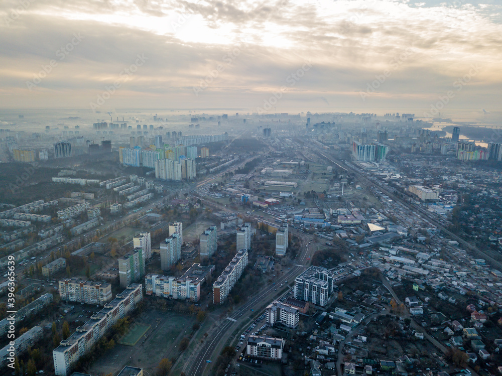 Aerial drone view. Haze over Kiev.