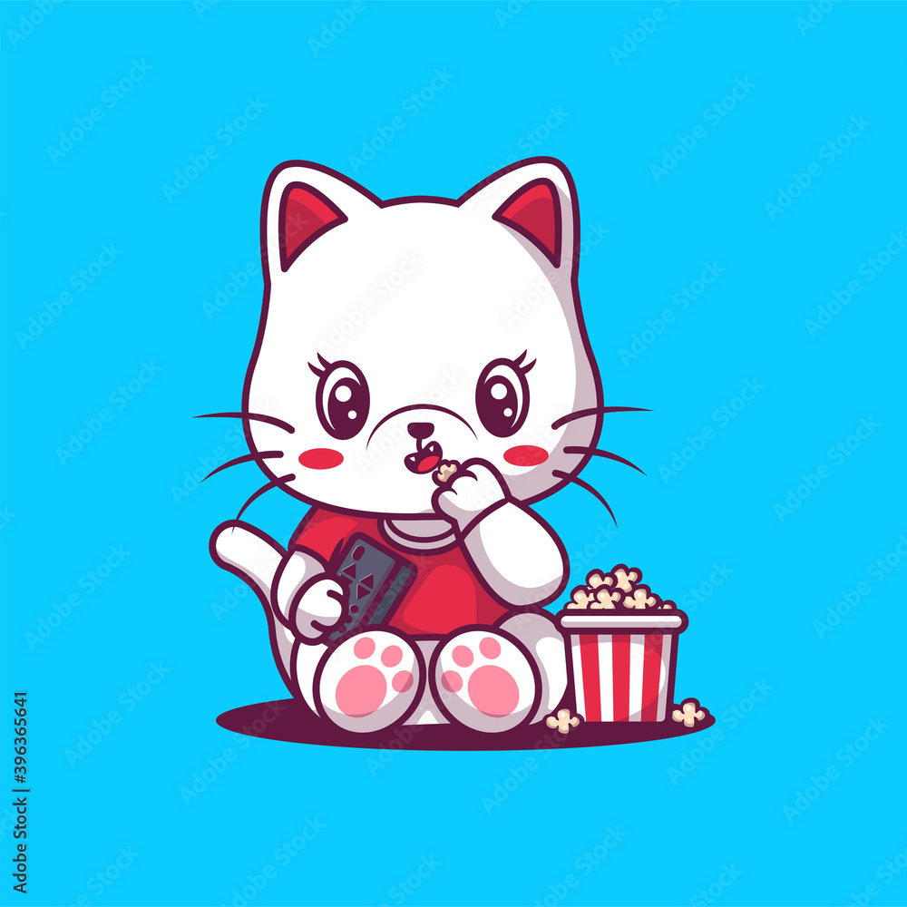 Cute cat eating popcorn illustration.