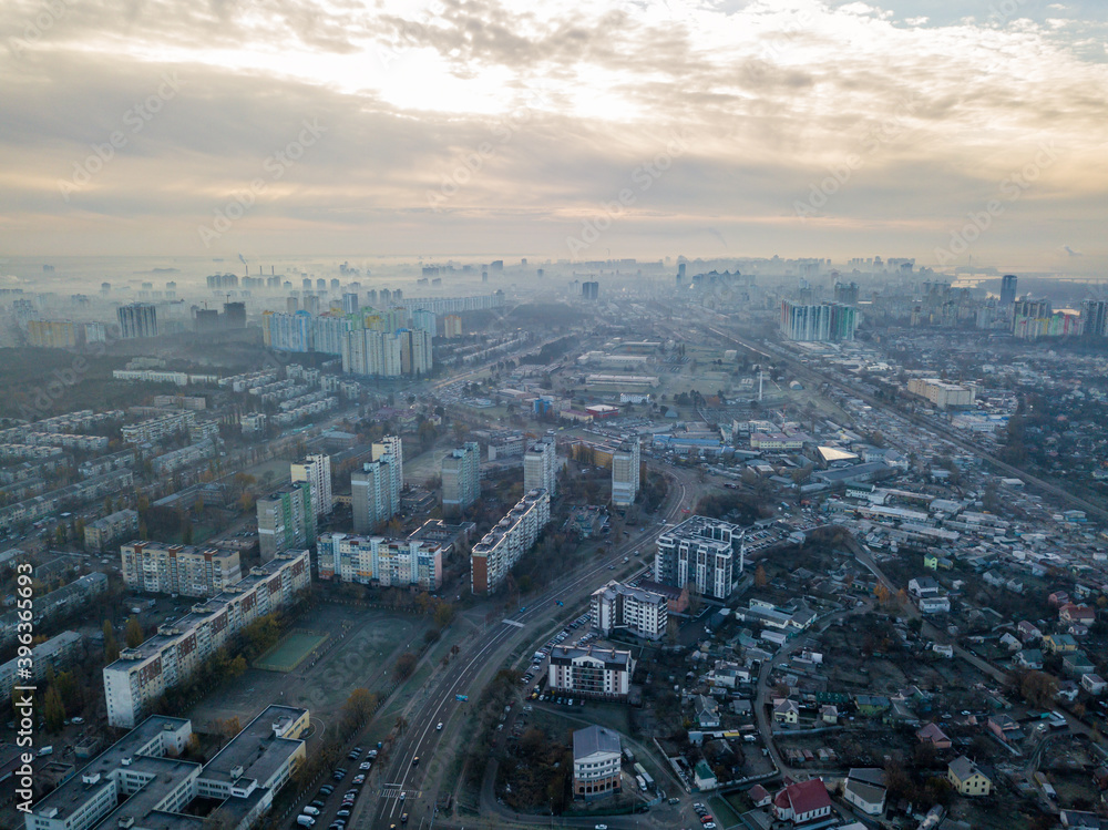 Aerial drone view. Haze over Kiev.