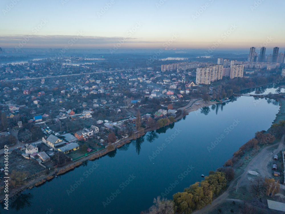 Aerial drone view. City lake.