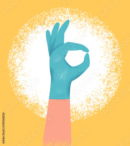 Hand in a blue protective latex glove showing ok sign. Coronavirus prevention concept., Protection against Covid-19, viruses and bacteria. Flat vector illustration isolated on abstract background