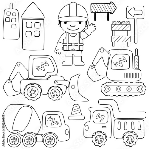 Coloring book or page of construction elements cartoon with a worker