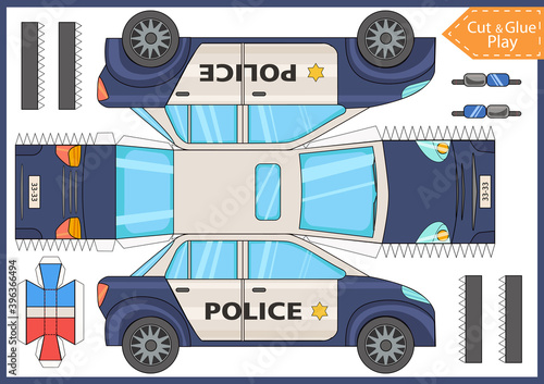 Cut and glue the paper a police car. Worksheet with funny education riddle. Children art game. Kids crafts activity page. Create toys car yourself. Vector illustration.