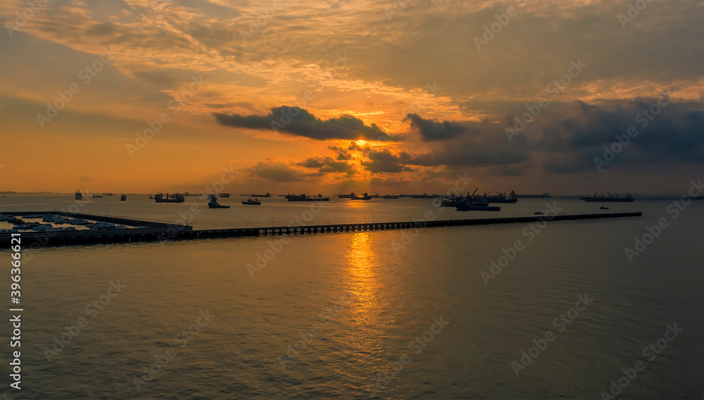 A view at sunrise from the Singapore cruise port out towards Straits of Singapore, Asia