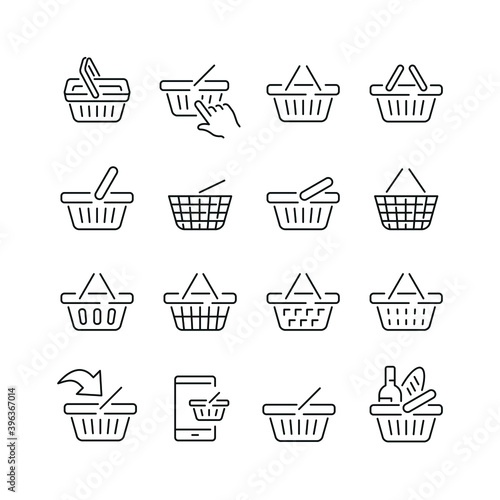 Shopping basket related icons: thin vector icon set, black and white kit