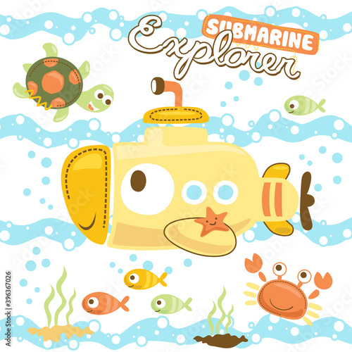 Funny submarine cartoon underwater with marine animals