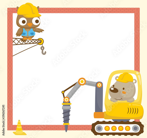 Animal cartoon frame border template with construction vehicle, owl and bear photo