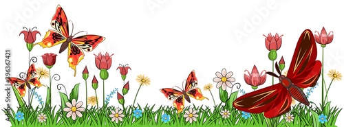 Blooming meadow with grass and flowers. Scenery. Cartoon style. Romantic fabulous illustration. Isolated on white background. Beautiful natural view. Wild plant nature. Rural scene. Vector