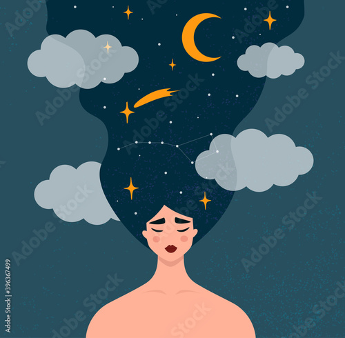 Sweet dreams or fantasy concept. Beautiful young girl with long hair sleeping. Dark night sky, moon, stars and constellations. Trendy romantic flat vector illustration with a female character