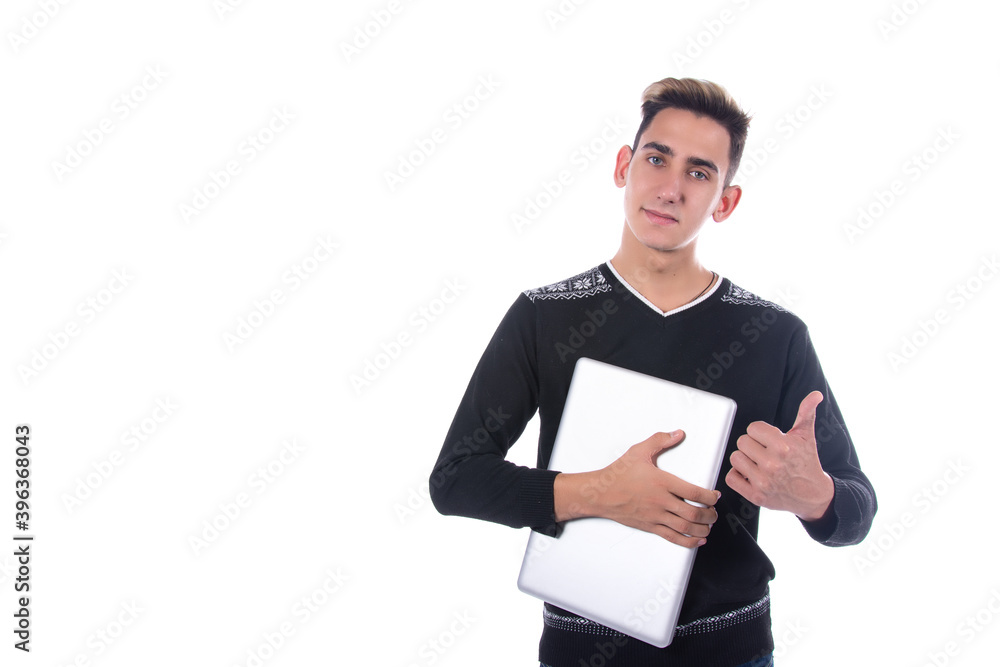 Attractive student. Books and laptop. White background. Attractive student. Books and laptop. White background.