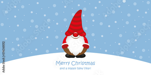 cute christmas greeting card with gnome on snowy landscape vector illustration EPS10