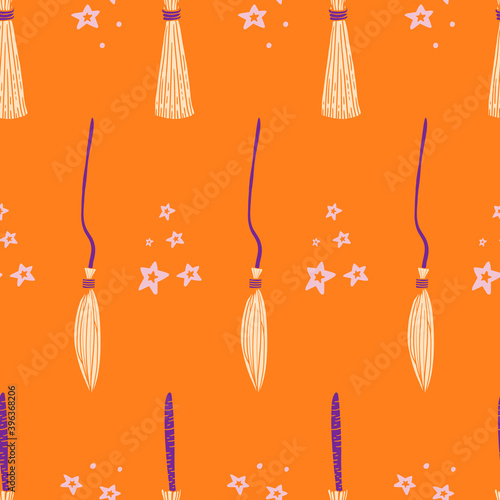 Witch broom vector seamless pattern. Witchy background for halloween design. Magic and witchcraft concept. EPS 8.