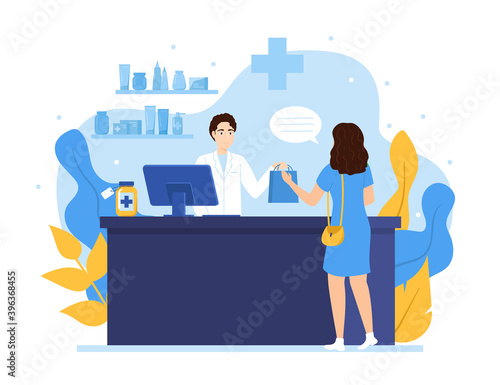 Cartoon Color Characters People Pharmacist Doctor and Patient Concept. Vector