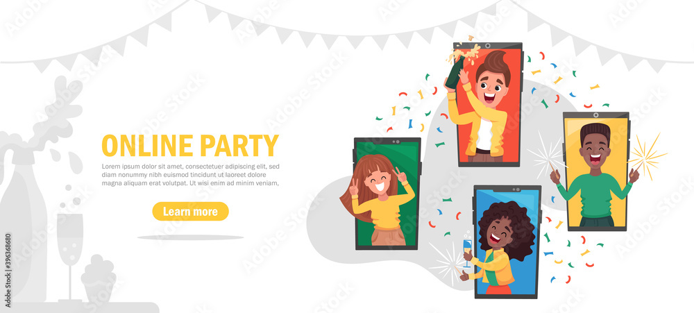 Online party website template landing page. Happy friends at their home celebrating virtual birthday or new year via video call via phone during covid19 quarantine. Vector flat cartoon illustration