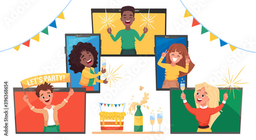 Online party with happy diverse people friends or colleagues while self-isolation in Covid-2019 quarantine. Christmas, New Year, conference or online birthday party. Vector flat cartoon illustration