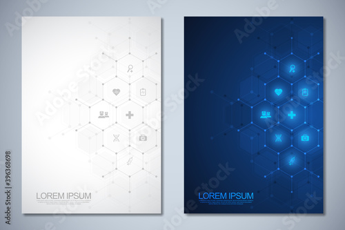 Template brochure or cover book, page layout, flyer design. Concept and idea for health care business, innovation medicine, pharmacy, technology. Medical background with flat icons and symbols.