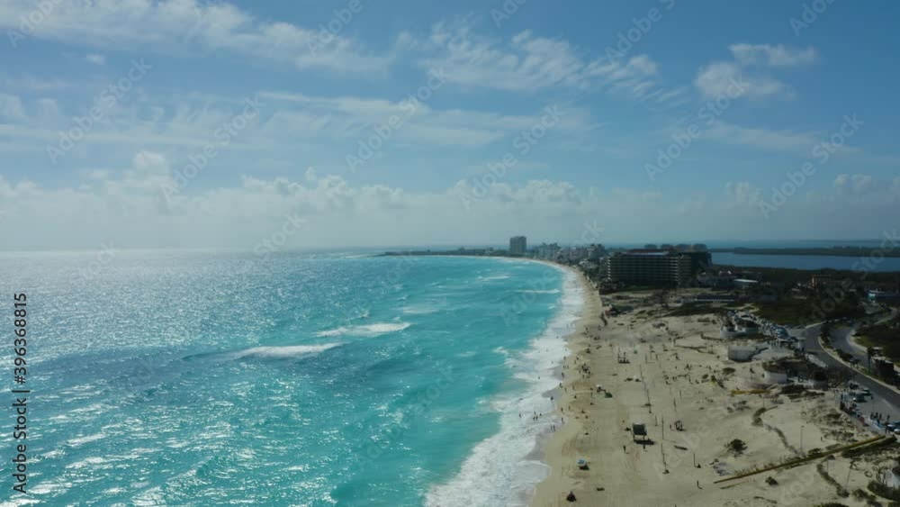 Drone Rises Above Beautiful Turquoise Waters. Sandy Beach Below. Cancun, Mexico 4K Drone Rises Above Beautiful Turquoise Waters. Sandy Beach Below. Cancun, Mexico 4K