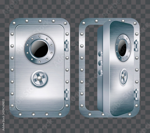 Realistic 3d Detailed Metal Door with Porthole Set. Vector