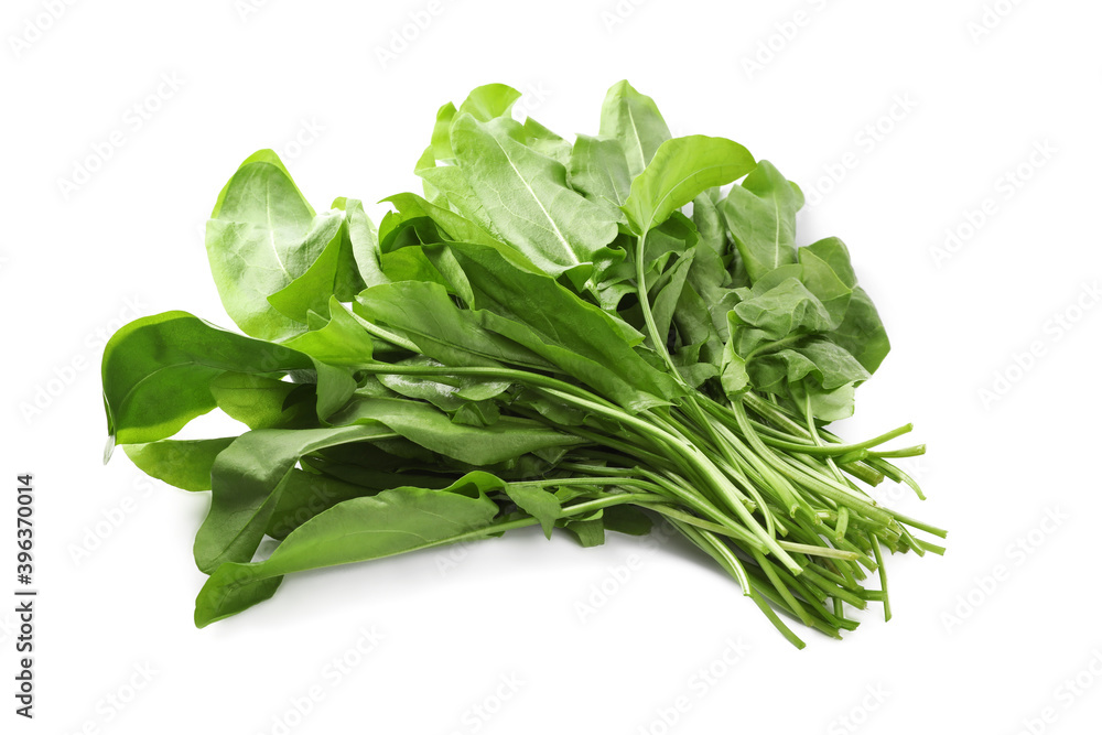 Bunch of fresh green sorrel leaves on white background