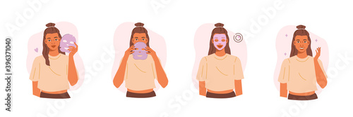 Beauty Girl Take Care of her Face and Applying Facial Sheet Mask. Woman Making Skincare Procedures. Skin Care Routine, Hygiene and Moisturizing Concept. Flat Cartoon Vector  Illustration and Icons.

