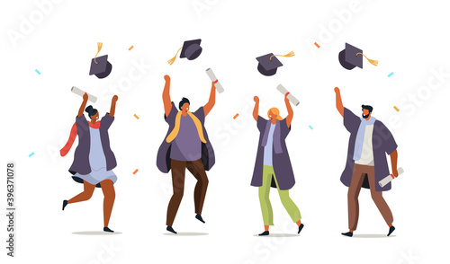 People Characters Throwing Graduation Hats in the Air. Graduate Students celebrate End of the School, College or University. Flat Cartoon Vector Illustration.