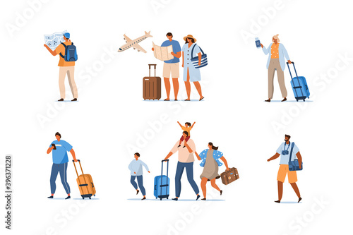 People Characters with Bags, Suitcases and Backpack at the Airport hurry up for Departure. Travelling Girls, Boys, Family and Couple. Vacation and Tourism Concept. Flat Cartoon Vector Illustration.