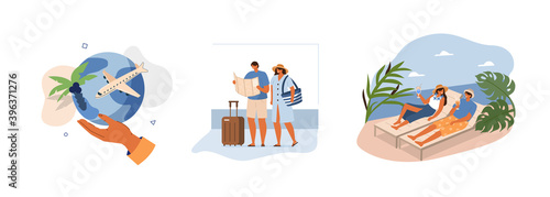 People Characters Planning Travel. Woman and Man Choosing Destination, Booking Flight and Hotel, Relaxing. Vacation and Tourism Concept. Flat Cartoon Vector Illustration.