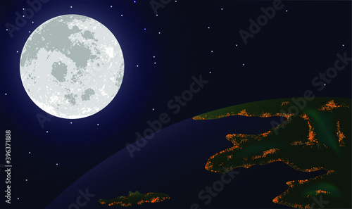 A bright moon in outer space illuminates green continents with orange lights. Abstract vector illustration.
