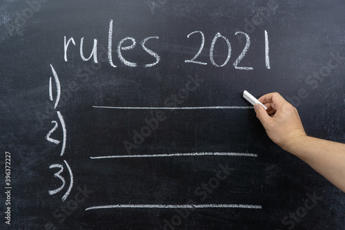 A hand writes text on a chalkboard RULES 2021
