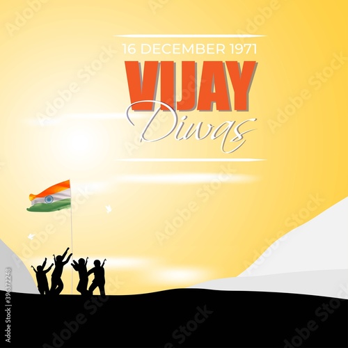 Vector illustration of Vijay Diwas (VICTORY DAY)banner, 16 december 1971, India flag, soldier with rifle and helmet, flying birds, banner template for websites.