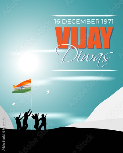 Vector illustration of Vijay Diwas (VICTORY DAY)banner, 16 december 1971, India flag, soldier with rifle and helmet, flying birds, banner template for websites.