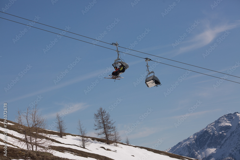 Winter landscape - Panorama of the ski resort with ski slopes and ski lifts. Alps. Austria. Karnten.