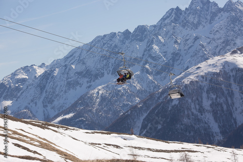 Winter landscape - Panorama of the ski resort with ski slopes and ski lifts. Alps. Austria. Karnten.