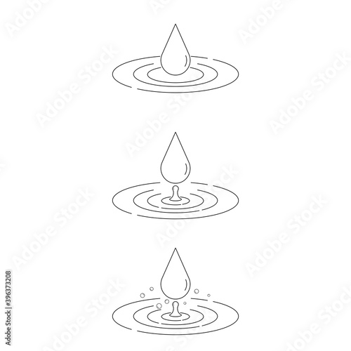 Editable stroke water drop and ripple set. Vector illustration outline flat design style.