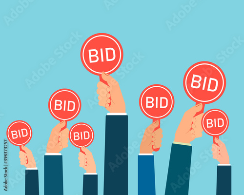 Hands holding auction paddles illustration. Clipart image.