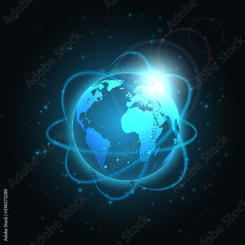 Matrix binary around planet. Digital binary data with glowing, blurry neon lines. Technology background with digits 1.0. and globe.