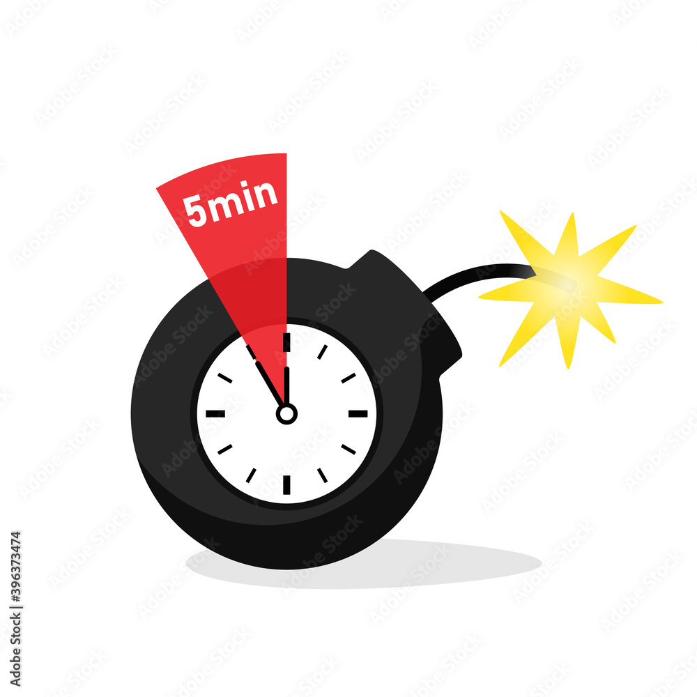 Five minutes Countdown Timer bomb icon. Clipart image isolated on white background. Stock Vector