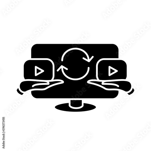 Video sharing glyph icon. Filled flat sign of user share, send and repost video content on social media. Web network ad and digital marketing concept. Isolated silhouette vector illustration